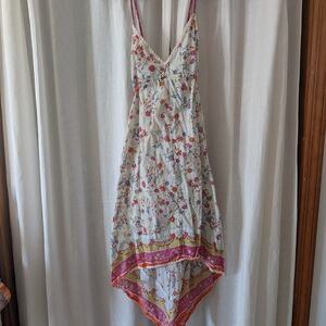 White Floral Handkerchief Hem Sundress with Pink Trim